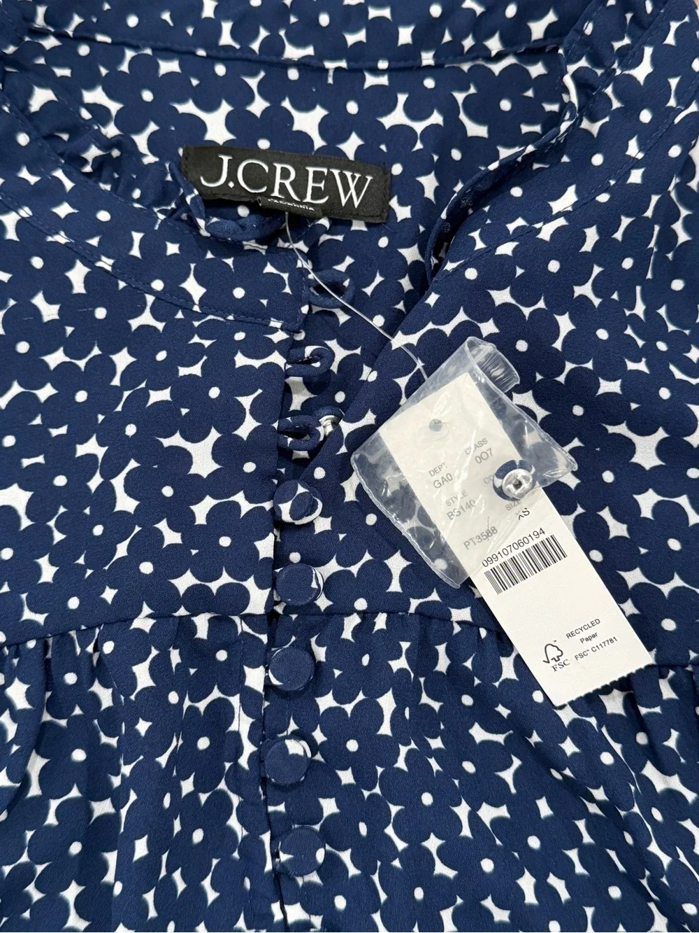J. Crew XS Sleeveless Button-Front Ruffle Neck Popover Top In Navy Floral